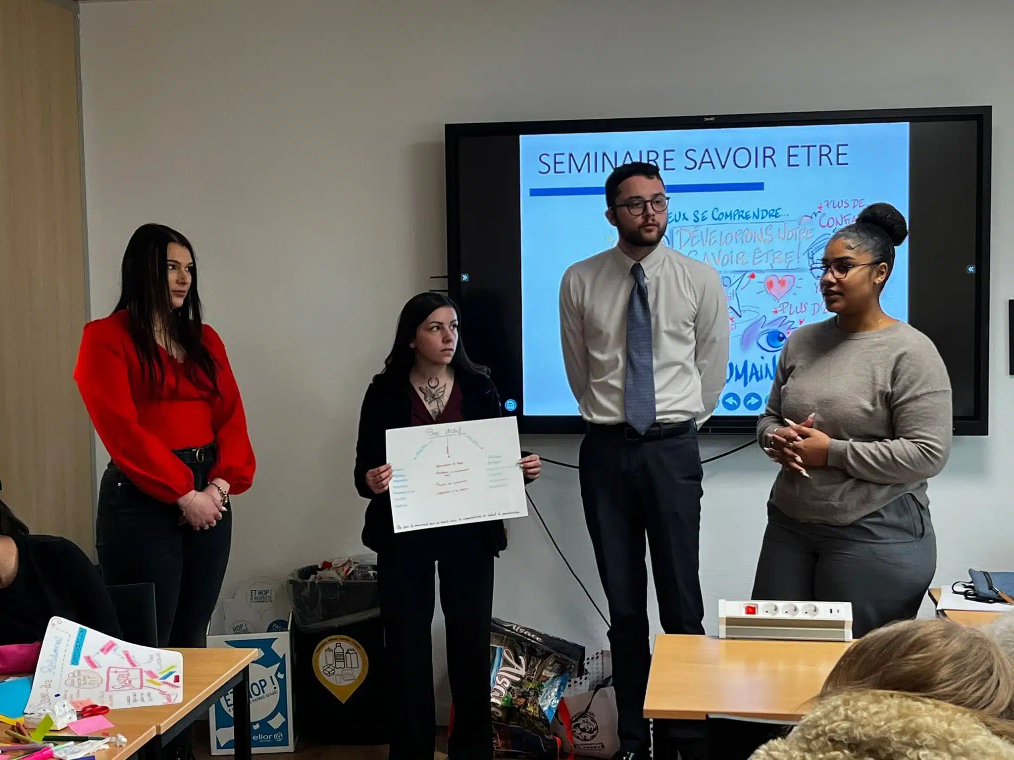 Un groupe d'étudiants lors d'une présentation pendant le Séminaire Savoir-Être. Ils exposent leurs idées, accompagnés d'un support visuel mettant en avant les compétences humaines.