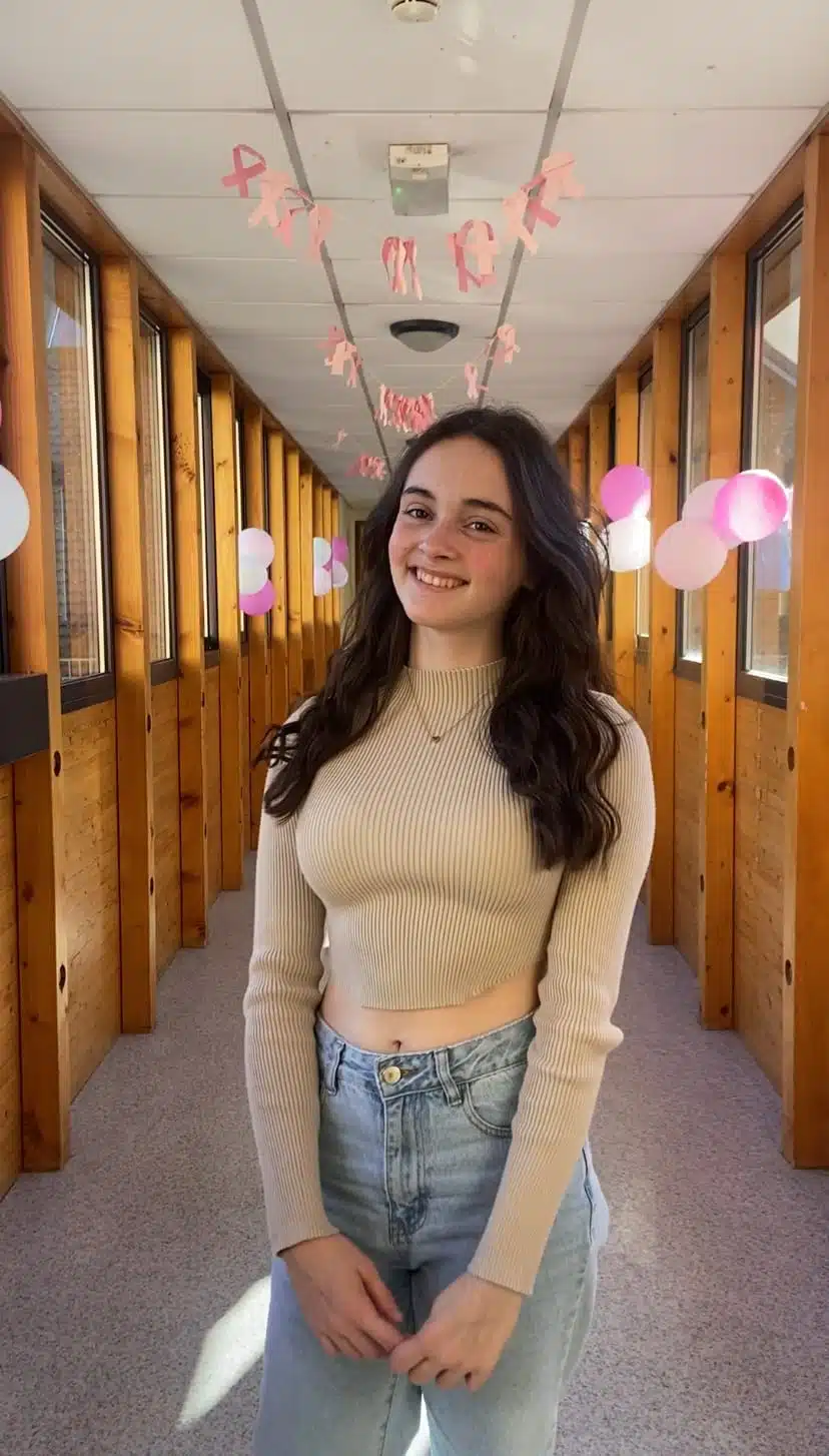 Jeune femme souriante posant dans un couloir décoré de ballons roses