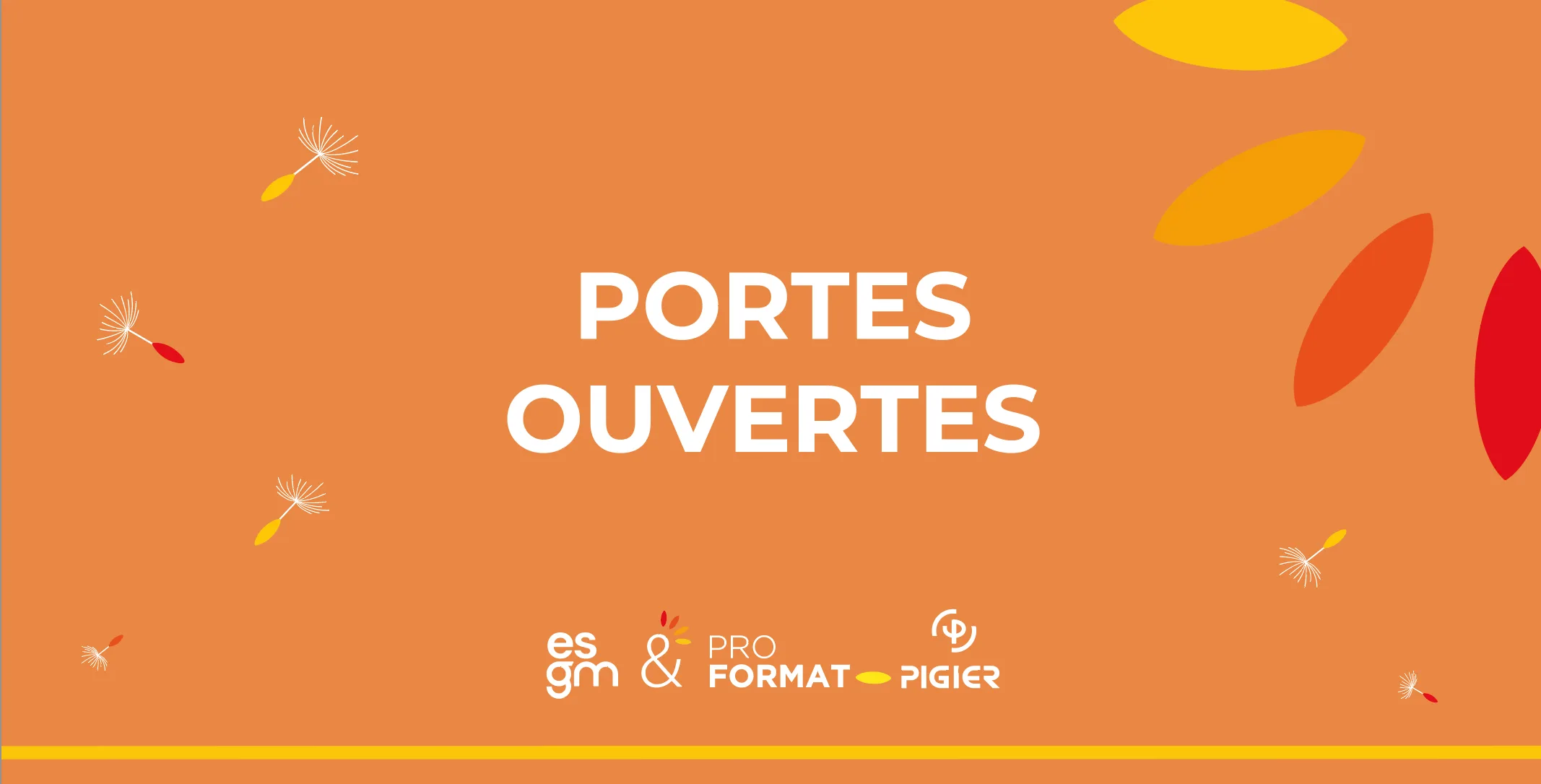 Fond orange avec un texte en blanc annonçant les prochaines portes ouvertes du campus de l'alternance ESGM & Proformat Mulhouse.